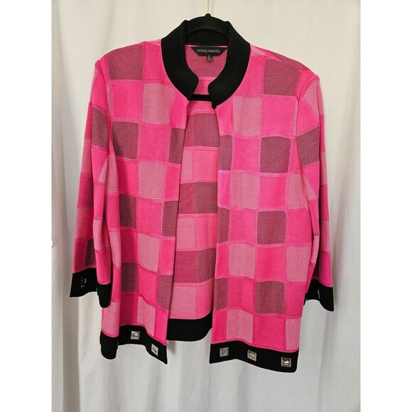 Ming Wang Sweaters - Vtg Ming Wang Color Block Pink Black Knit Cardigan Sweater Mandarin 3/4 Sleeve L